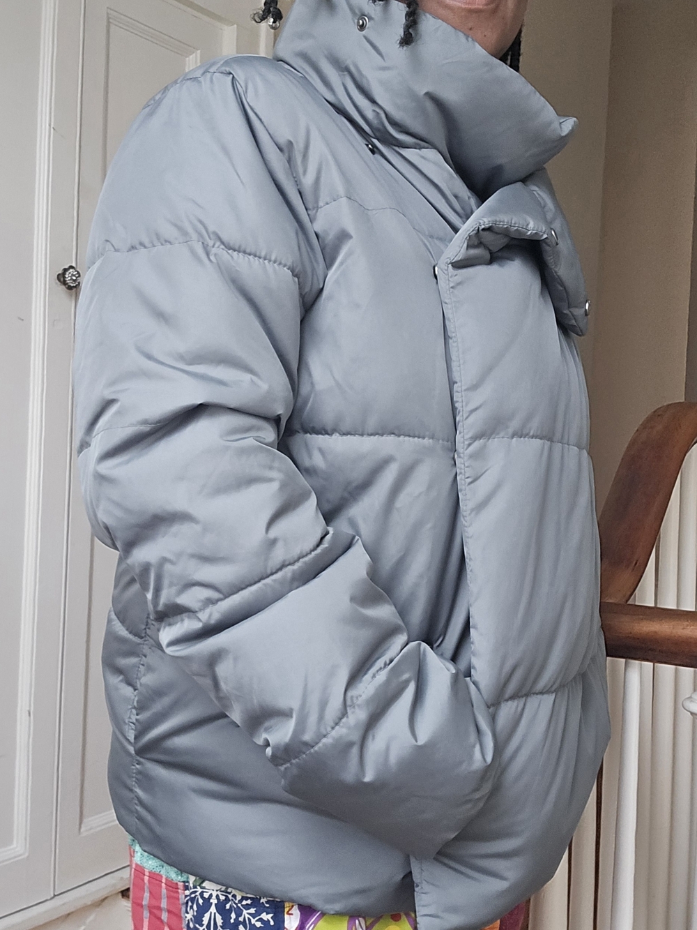 Warm Light Teal Puffer Coat with High Collar